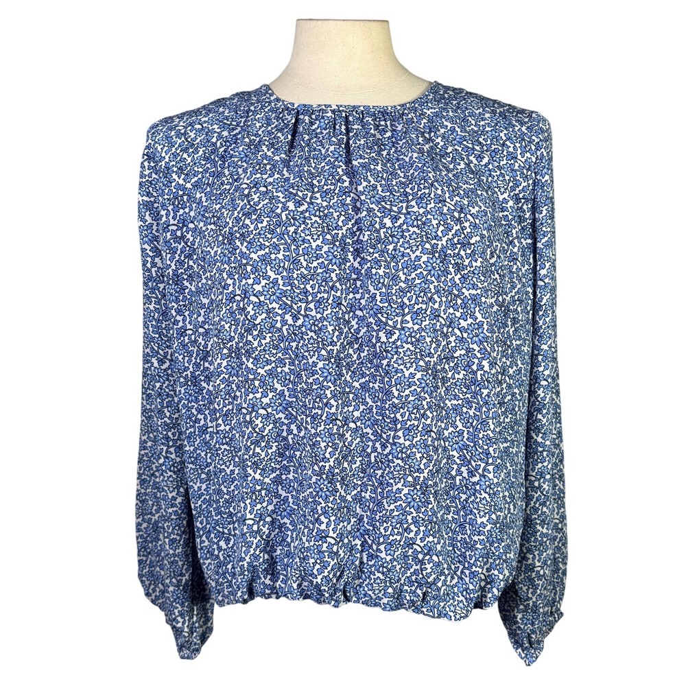 Tommy Hilfiger Womens Blue White Floral Long Sleeve Bubble Hem Blouse Size M